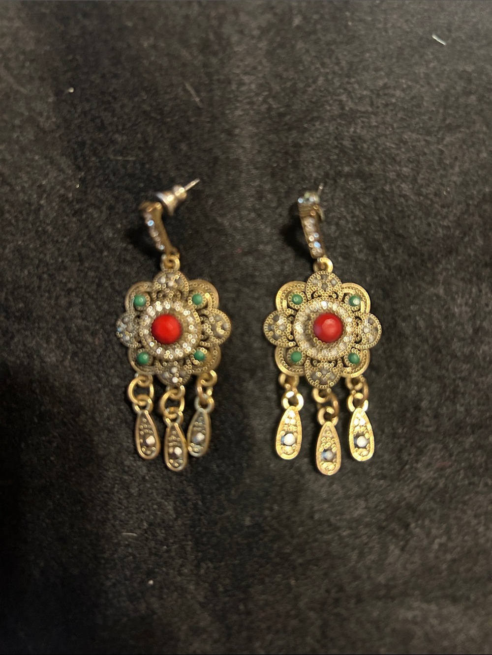 Gold-Tone Floral Drop Earrings with Red and Green Accents
